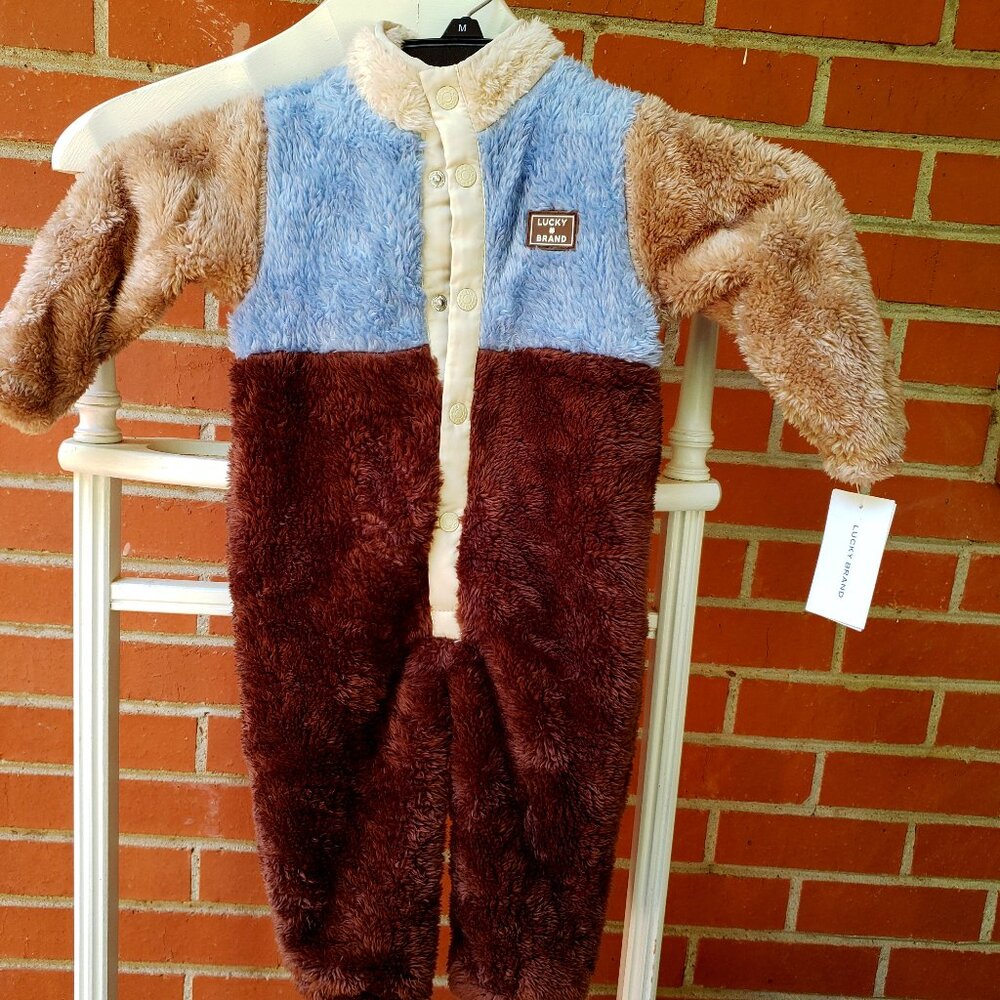 BNWT LUCKY BRAND fuzzy faux fur cozy colorblock onesie (12M)